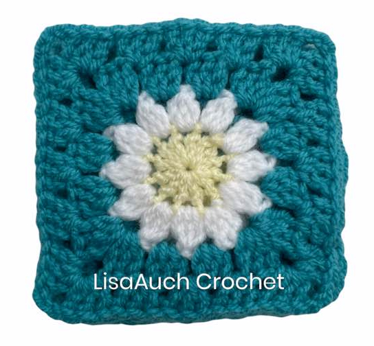 Crochet a Daisy Flower Granny Square with 12 petals. FREE Crochet Pattern