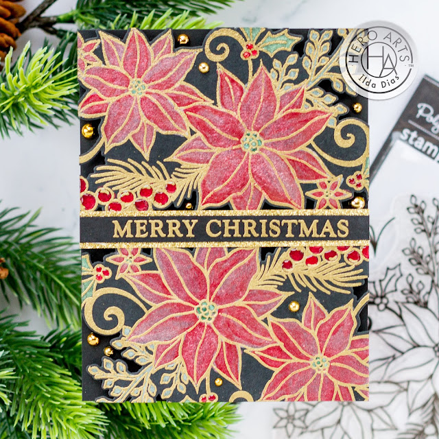 Merry Poinsettia Bunch,Christmas Card,Hero Arts, Card Making, Stamping, Die Cutting, handmade card, ilovedoingallthingscrafty, Stamps, how to, Black,metallic watercolor set, Watercoloring,
