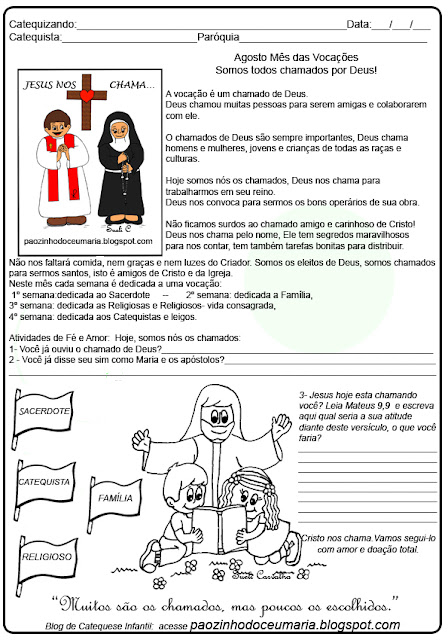 Agosto Mês das Vocações - Atividades de Catequese