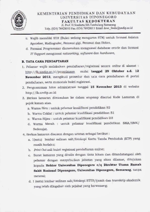 Penerimaan Tenaga Kependidikan Non PNS Kontrak Rumah Sakit Nasional Diponegoro, Universitas Diponegoro http://indonersiacenter.blogspot.com/