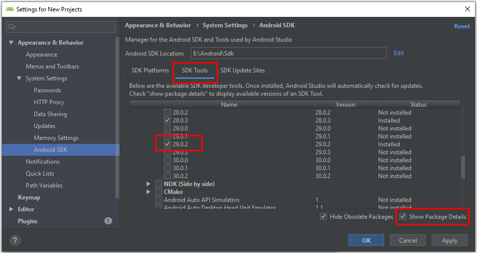 SDK Tools > Android SDK Build-Tools SDK Tools > Android SDK Build-Tools