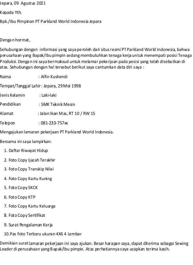 Contoh Surat Lamaran Kerja Di PT Parkland World Indonesia Contoh Surat Lamaran Kerja Di PT Parkland World Indonesia