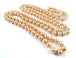 Vintage Long Hand Knotted Flapper Style Golden Shimmer Faux Pearl Necklace.