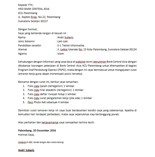 5 CONTOH SURAT LAMARAN KERJA BANK BCA (.DOCX) TINGGAL EDIT 5 CONTOH SURAT LAMARAN KERJA BANK BCA (.DOCX) TINGGAL EDIT