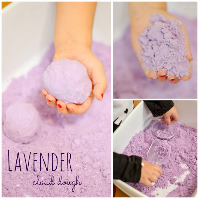 Lavender cloud dough is therapeutic and helps soothe, calm, and relax little ones. It is AMAZING the effect this cloud dough has on chilling out my kids and refocusing their energies in positive ways. {Great for time out, just before bed time, and anytime you need to calm kids down}