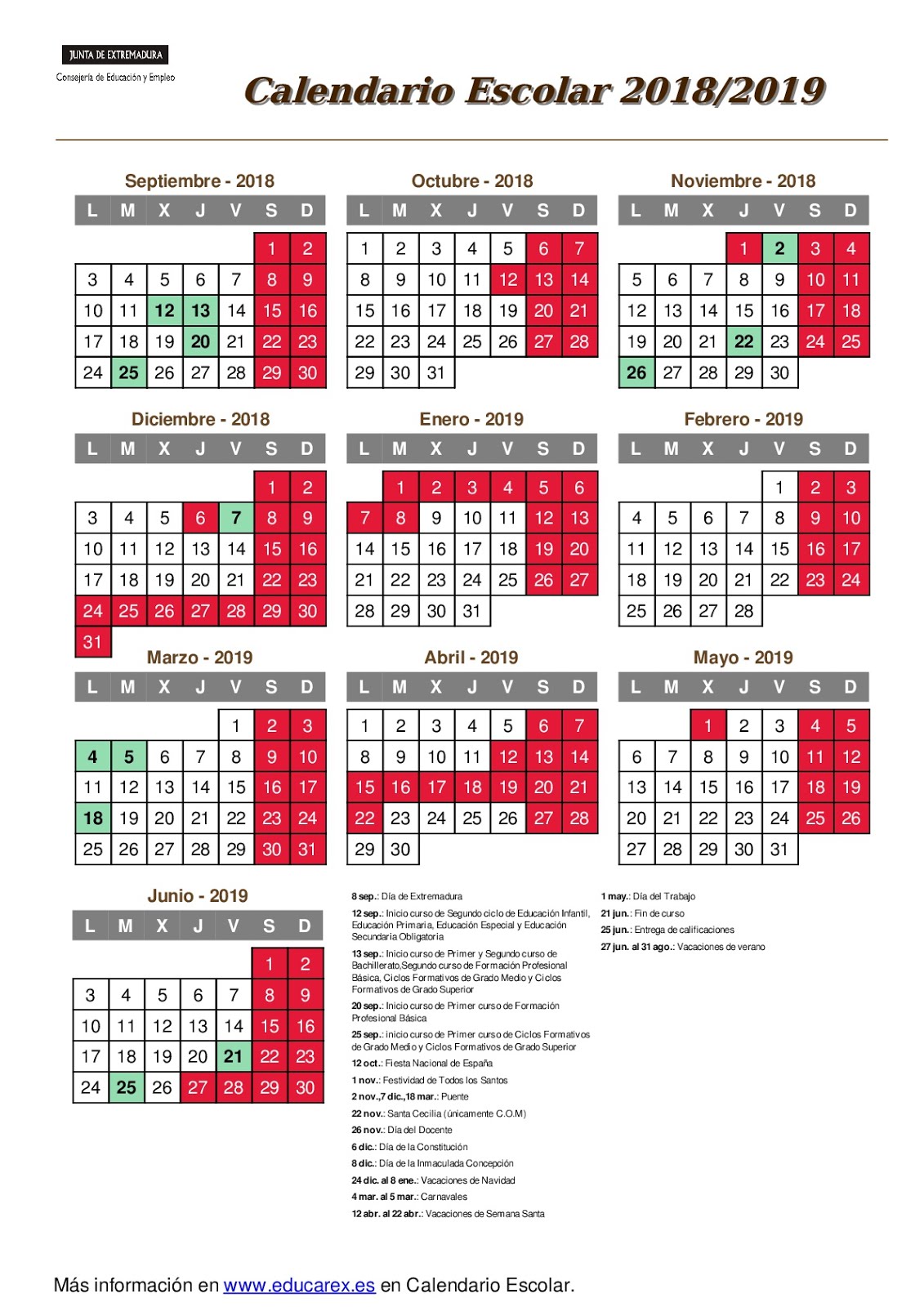 Calendario escolar 2018/19