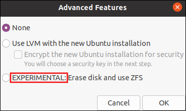مربع حوار الميزات المتقدمة لـ Ubuntu 20.04 مما يسمح للمستخدمين بتحديد ميزات LVM أو ZFS