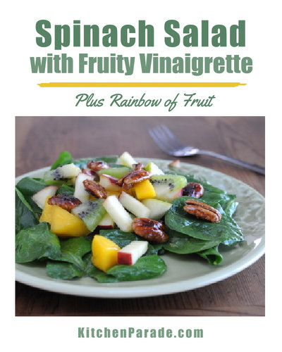 Spinach Salad with Fruity Vinaigrette, Fresh Fruit & Maple-Glazed Pecans ♥ KitchenParade.com, a big dinner salad, fresh and green with a rainbow of fruit and g-o-r-g-e-o-u-s Maple-Glazed Pecans, all lightly dressed in a Fruity Vinaigrette.