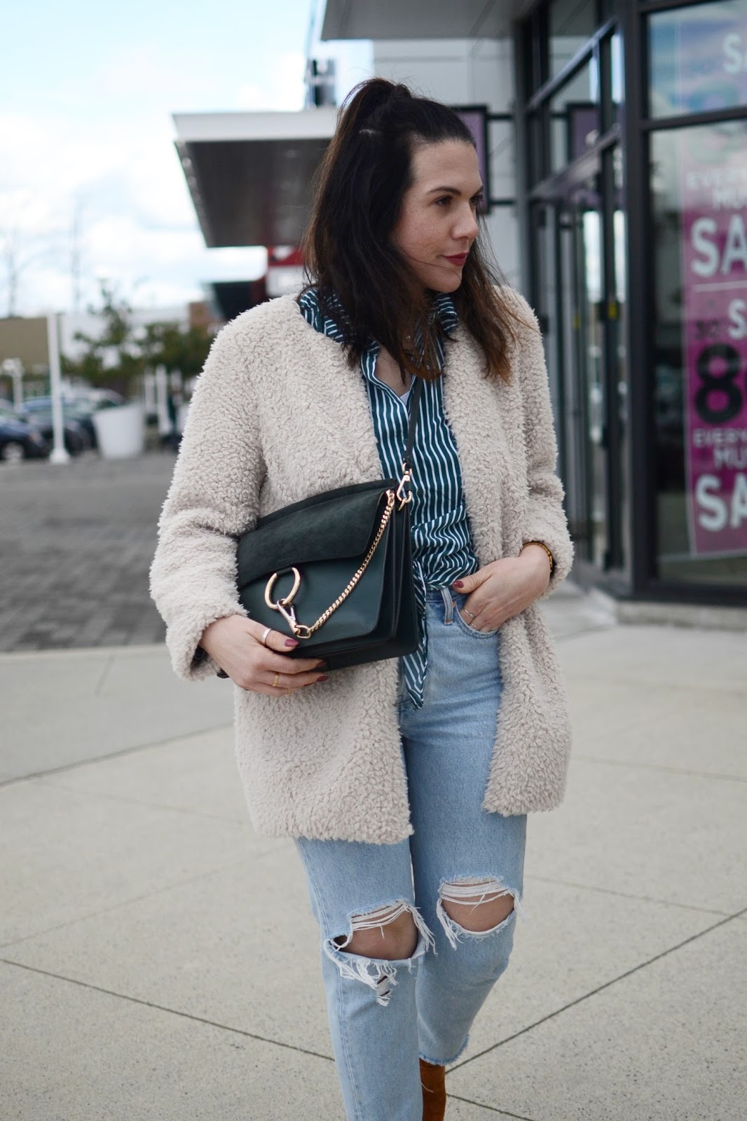 Dynamite striped tie blouse outfit levis wedgie jeans vancouver fashion blogger aleesha harris