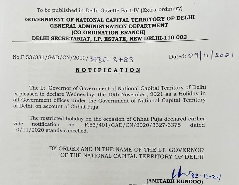 CHHAT POOJA HOLIDAY Notification issued by Delhi Government DELHI