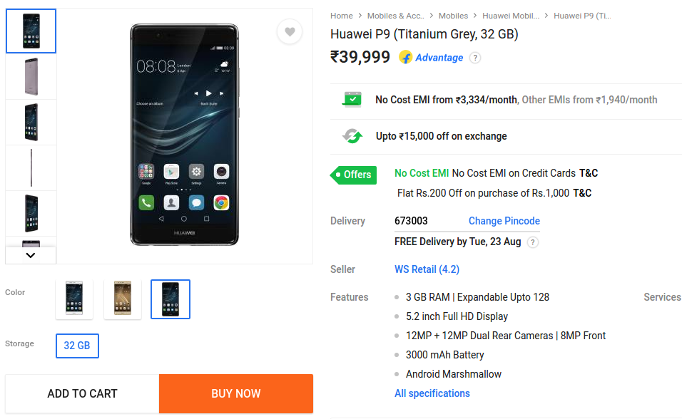 Huawei p9 price in india