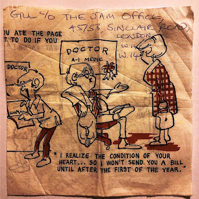 A drinks napkin with The Jam's office address written on it