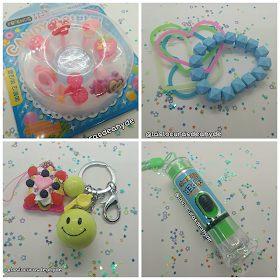 anillos, pulseras, llaveros y linterna de la happy cute bag