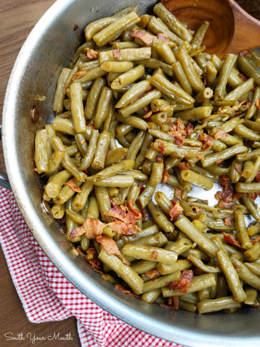 Southern-Style Canned Green Beans! The trick to making perfectly cooked Southern-style green beans with canned beans - the beans don’t fall apart but taste like they’ve cooked all day!