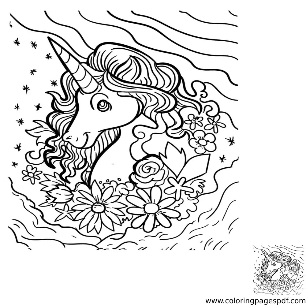 Coloring Page Of A Happy Unicorn With Flowers