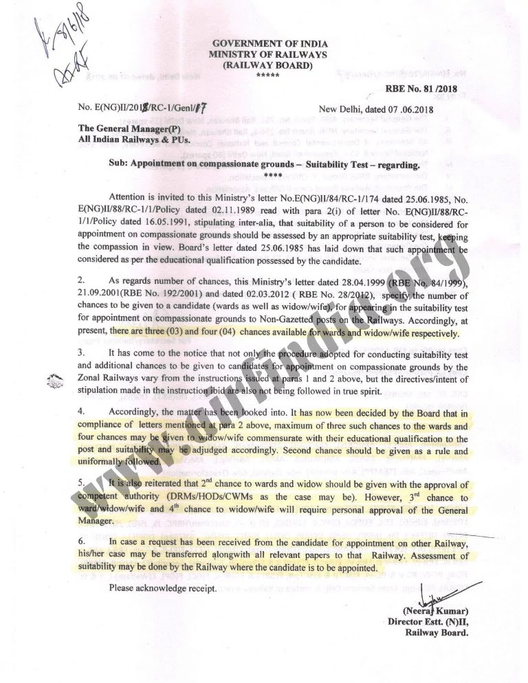 Appointment on compassionate grounds- Suitability Test: Railway Board Order RBE No. 81/2018