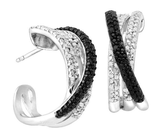 Black and White Diamond Silver Hoop Earrings