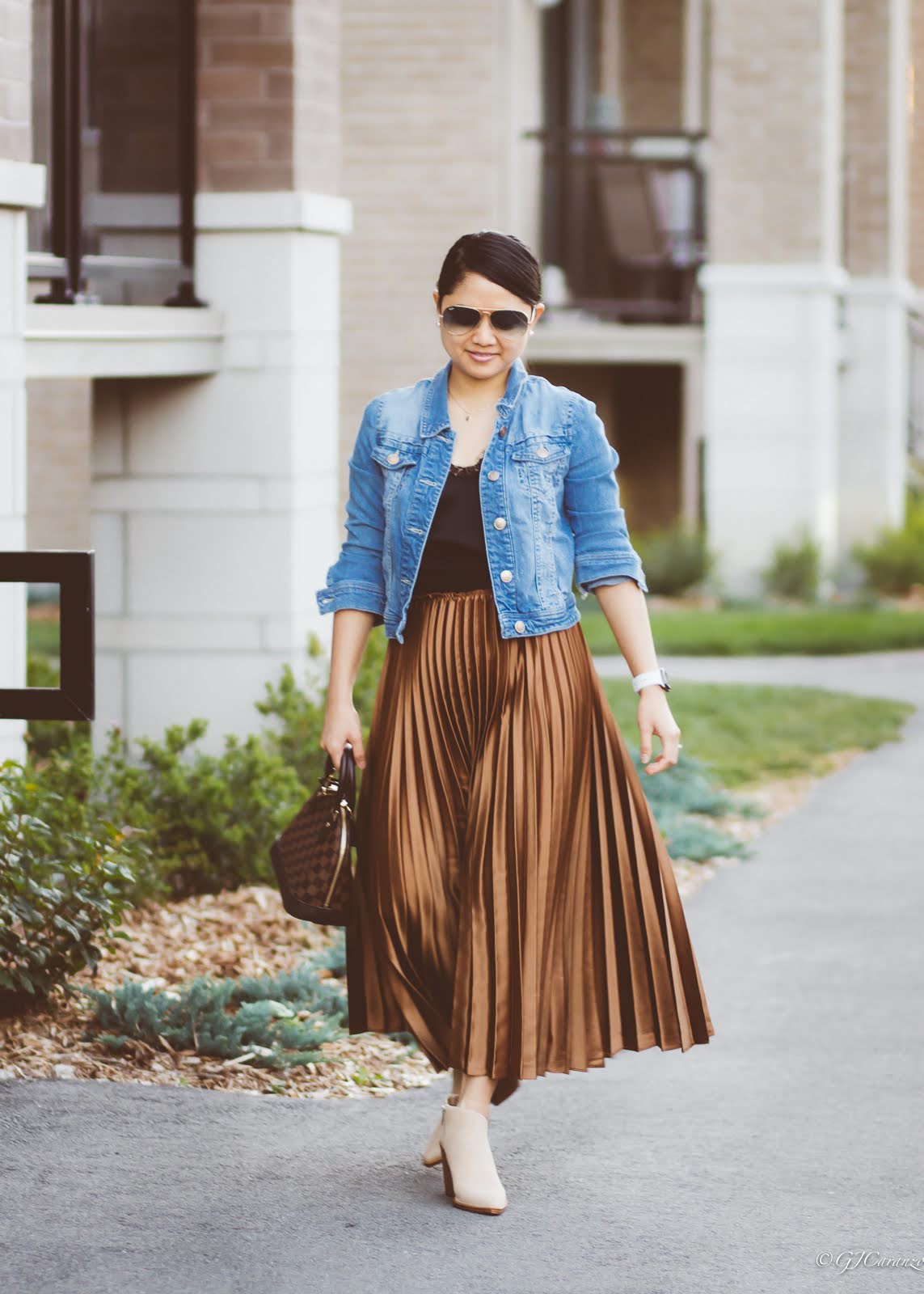 Zara Pleated Skirt | Denim Jacket | Ray-Ban Blue Aviator Sunglasses | Louis Vuitton Alma BB | Vince Camuto Ankle Boots | H&M Satin Camisole Top | Petite Outfit | Mom Style