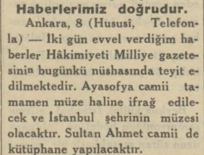 Ayasofya müze oldu haberi, haber gazetesi küpürü, 8 Eylül 1934