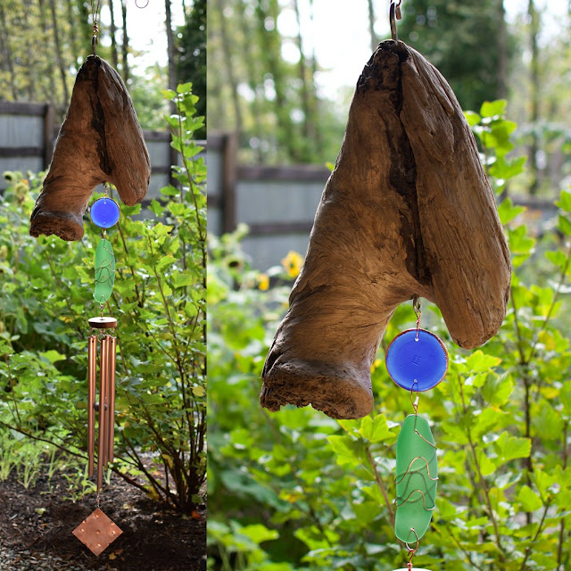Massive driftwood glass and copper outdoor wind chime by Coast Chimes
