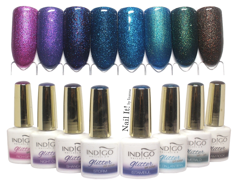 Indigo Nails Gel Polish Glitter swatches of 8 shades