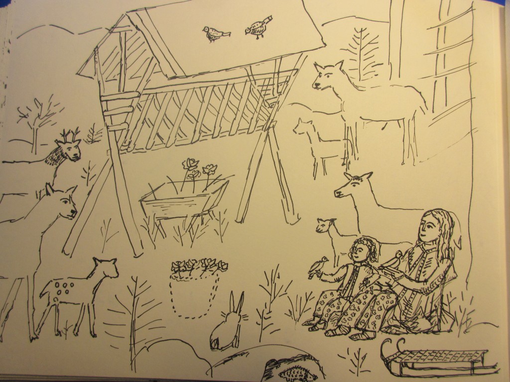 Mit Lena an der Futterkrippe eine Tuschezeichnung Kongseb