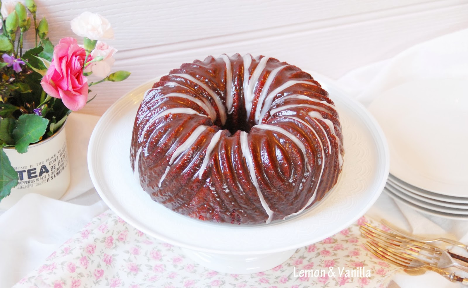 Lemon & Vanilla Red velvet zebra bundt cake with chocolate glaze