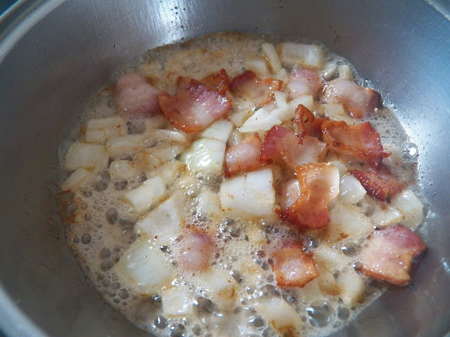 Bacon and Onions cooking in bacon fat.