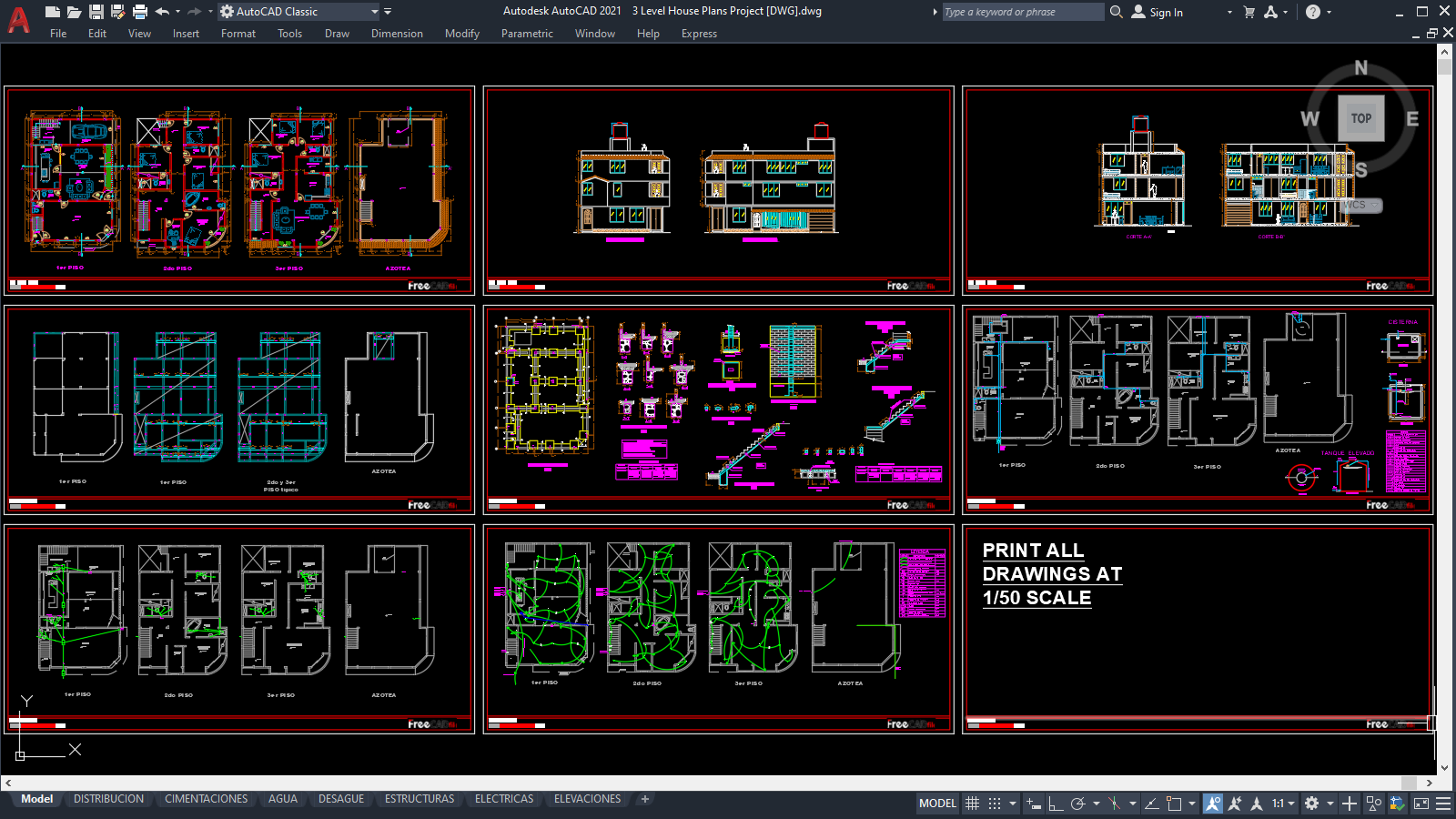 3 Level House Plans Project [DWG]