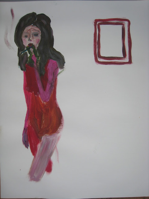 Pintura que muestra a una mujer morena de rojo fumando mientras camina alejándose de una ventana roja