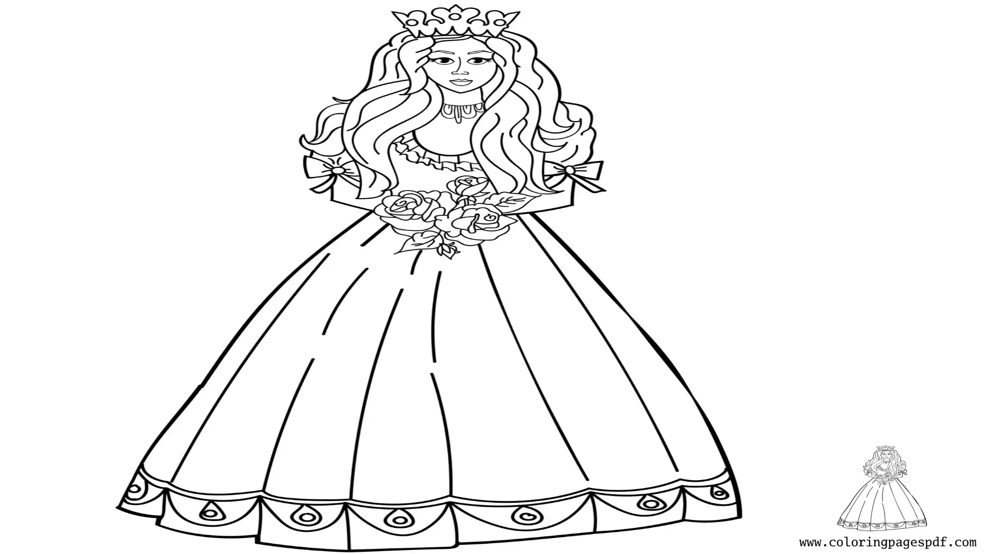 Coloring Page Of A Beautiful Princess Holding Flowers