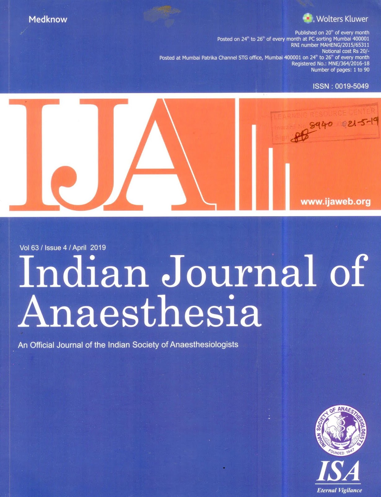 http://www.ijaweb.org/showBackIssue.asp?issn=0019-5049;year=2019;volume=63;issue=4;month=April