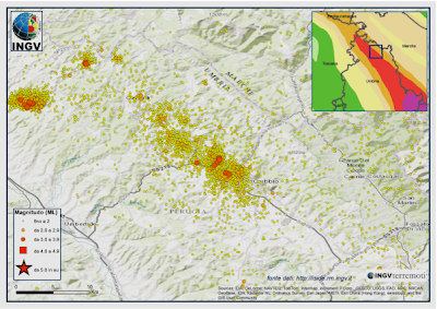 La mappa degli oltre 6000 terremoti registrati nell'area di Gubbio nel 2013