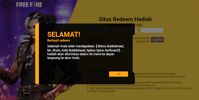 Berhasil Redeem - Kode Redeem Garena Free Fire