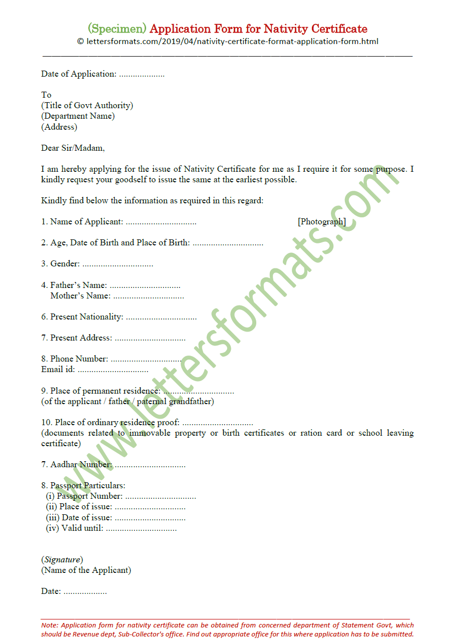 Nativity Certificate Format and Sample of Application Form