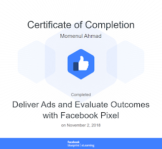 Facebook Pixel, Facebook Ads certificate of completion for Momenul Ahmad