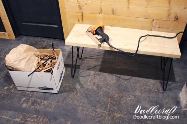 Supplies Needed for Woven Leather Bench with Hairpin Legs: Hairpin Legs (I love DIY Hairpin Legs) Leather Strips  Wood Bench Seat DuoFast Staple Gun/Staples Heavy Duty Scissors