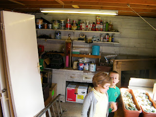 tins of paint and chemicals on garage storehouse shelves