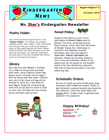 RH Kinder Kids -Happenings in Room 12-: October Newsletter and Calendar
