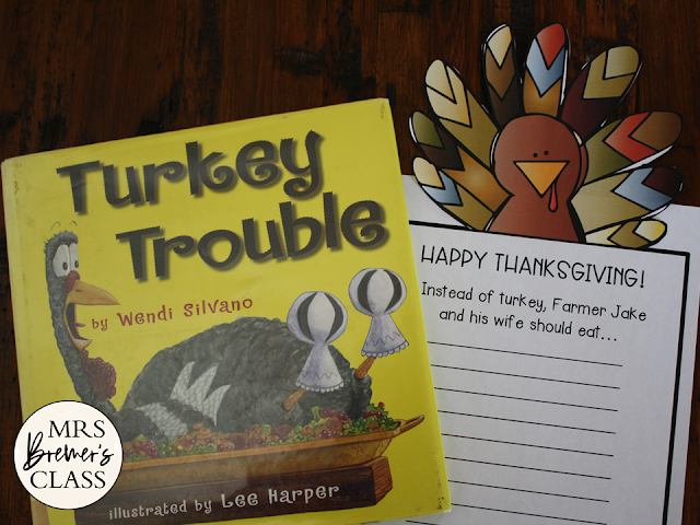 Turkey Trouble book study activities unit with Common Core literacy companion activities and craftivity for Thanksgiving in Kindergarten and First Grade