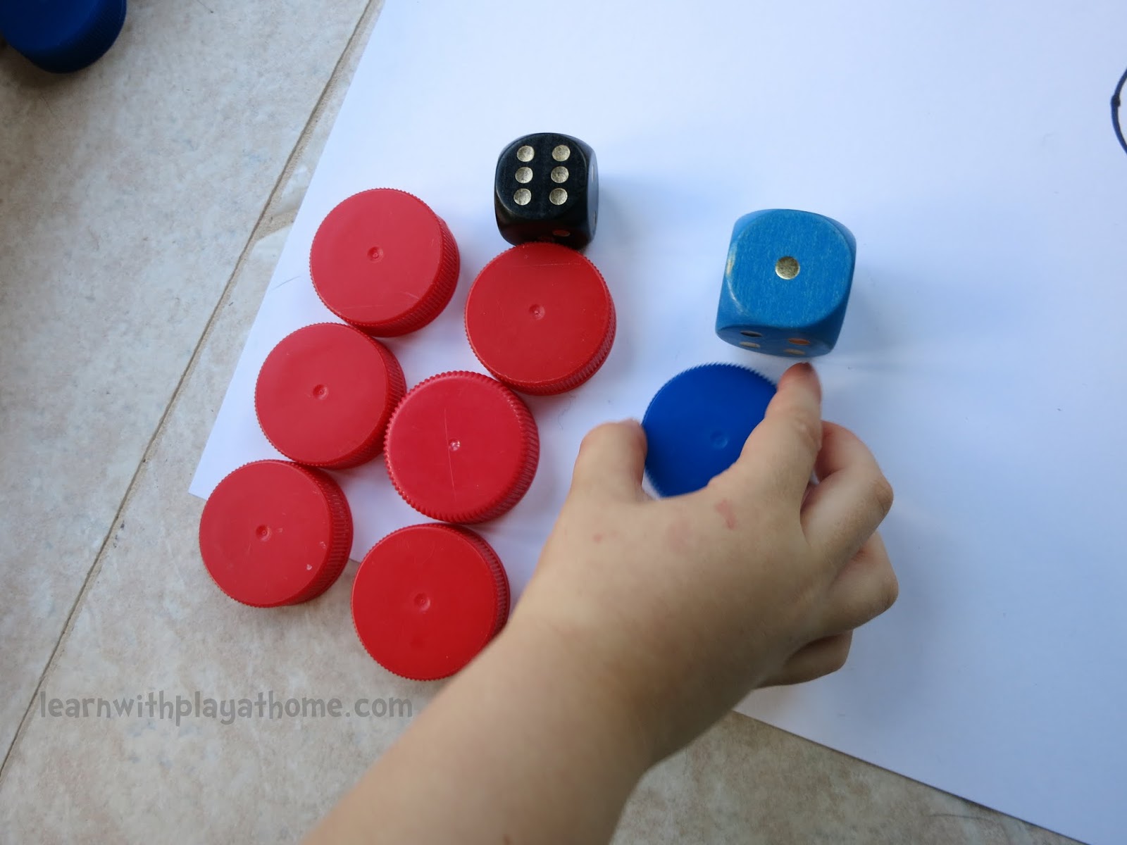 Learn with Play at Home Fun Bottle Top Addition Game. Playful Maths