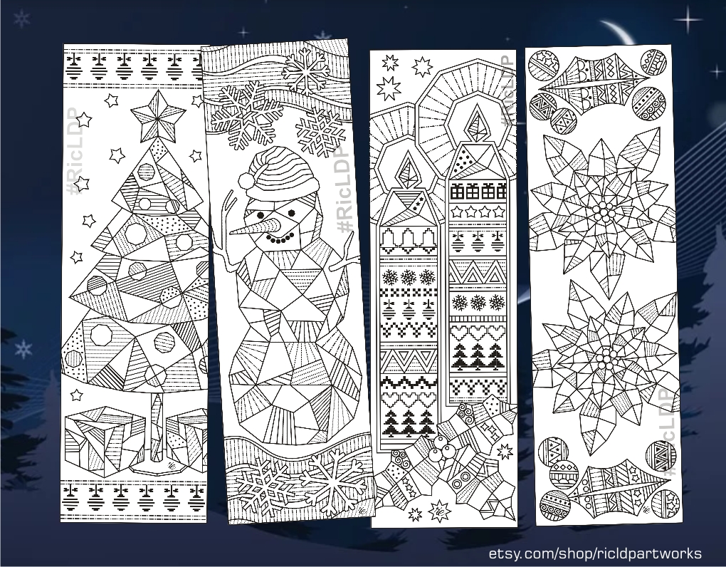 RicLDP Artworks Christmas Coloring Bookmarks with Geometric Doodles