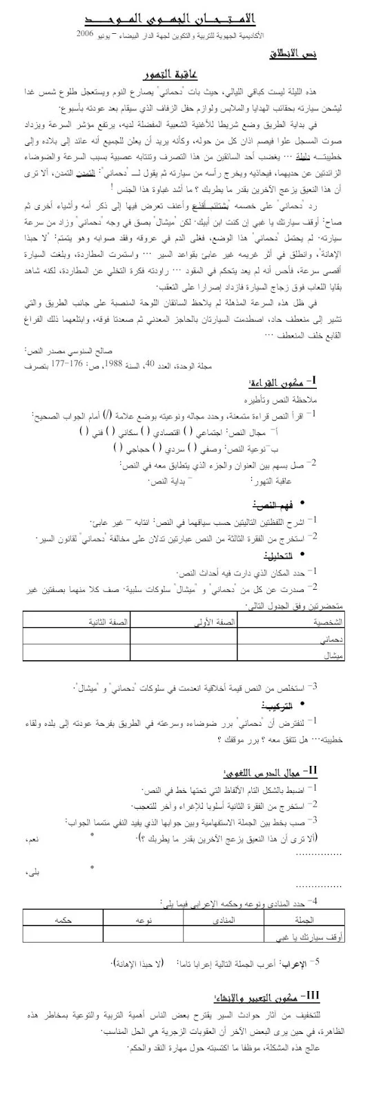 الامتحان الجهوي الموحد مادة اللغة العربية جهة الدار البيضاء –دورة  يونيو 2006