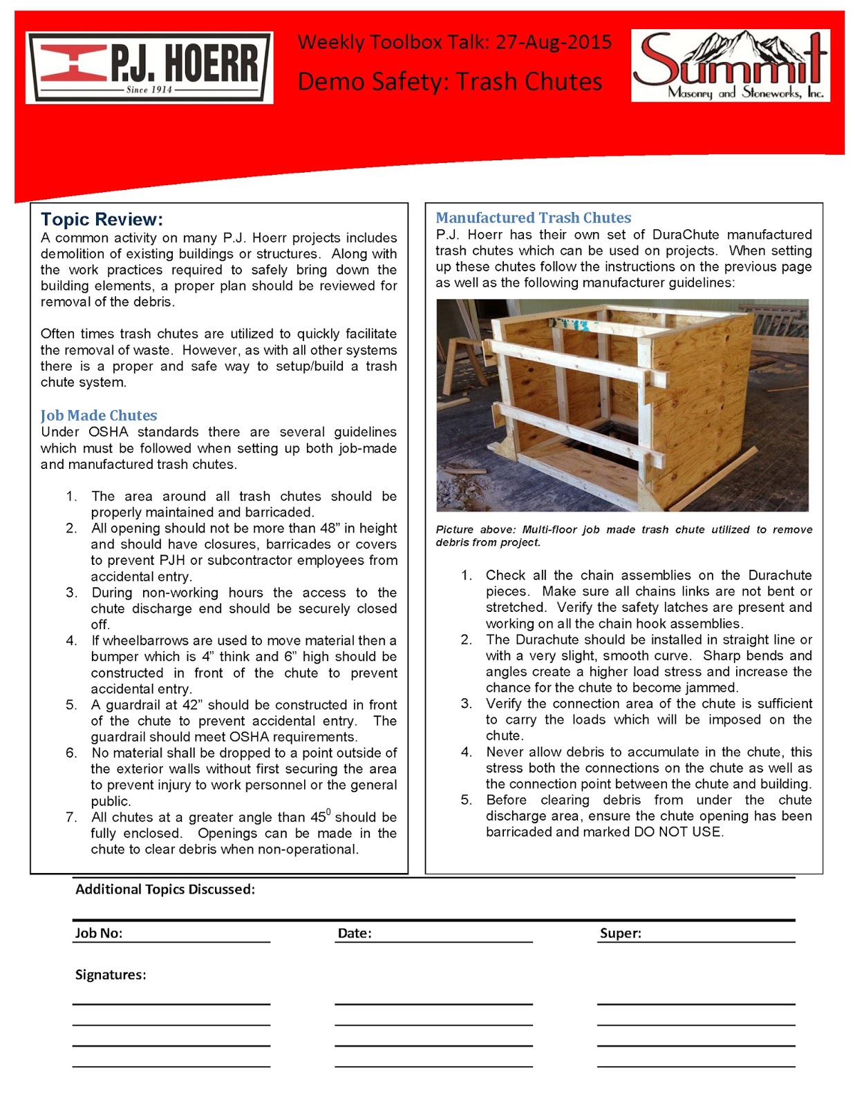 P.J. Hoerr, Inc. P.J. Hoerr & Summit Masonry Weekly Toolbox Talk