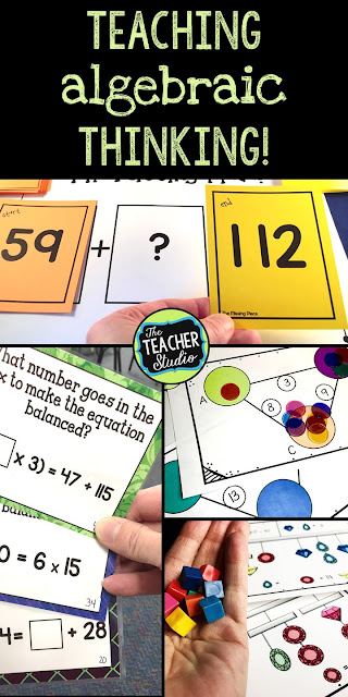 Teaching algebraic thinking and other problem solving skills can help students build math understanding like the concept of equal and other basic algebra thinking concepts. Perfect for grade 3 math, grade 4 math, math workshop, math centers, math intervention