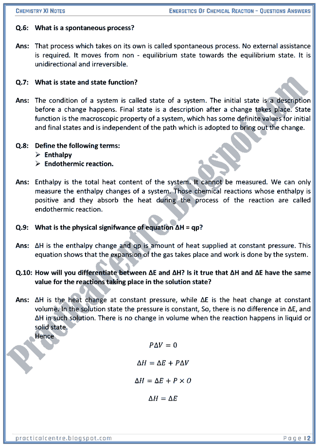Energetics Of Chemical Reaction - Questions Answers - Chemistry XI
