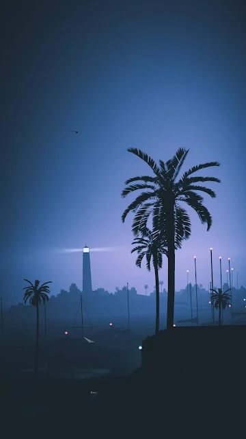 Aesthetic palms night city lighthouse vertical wallpaper 1080 x 1920 pixels
