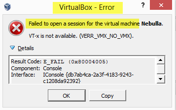 VirtualBoxは仮想マシンのセッションを開くことができませんでした