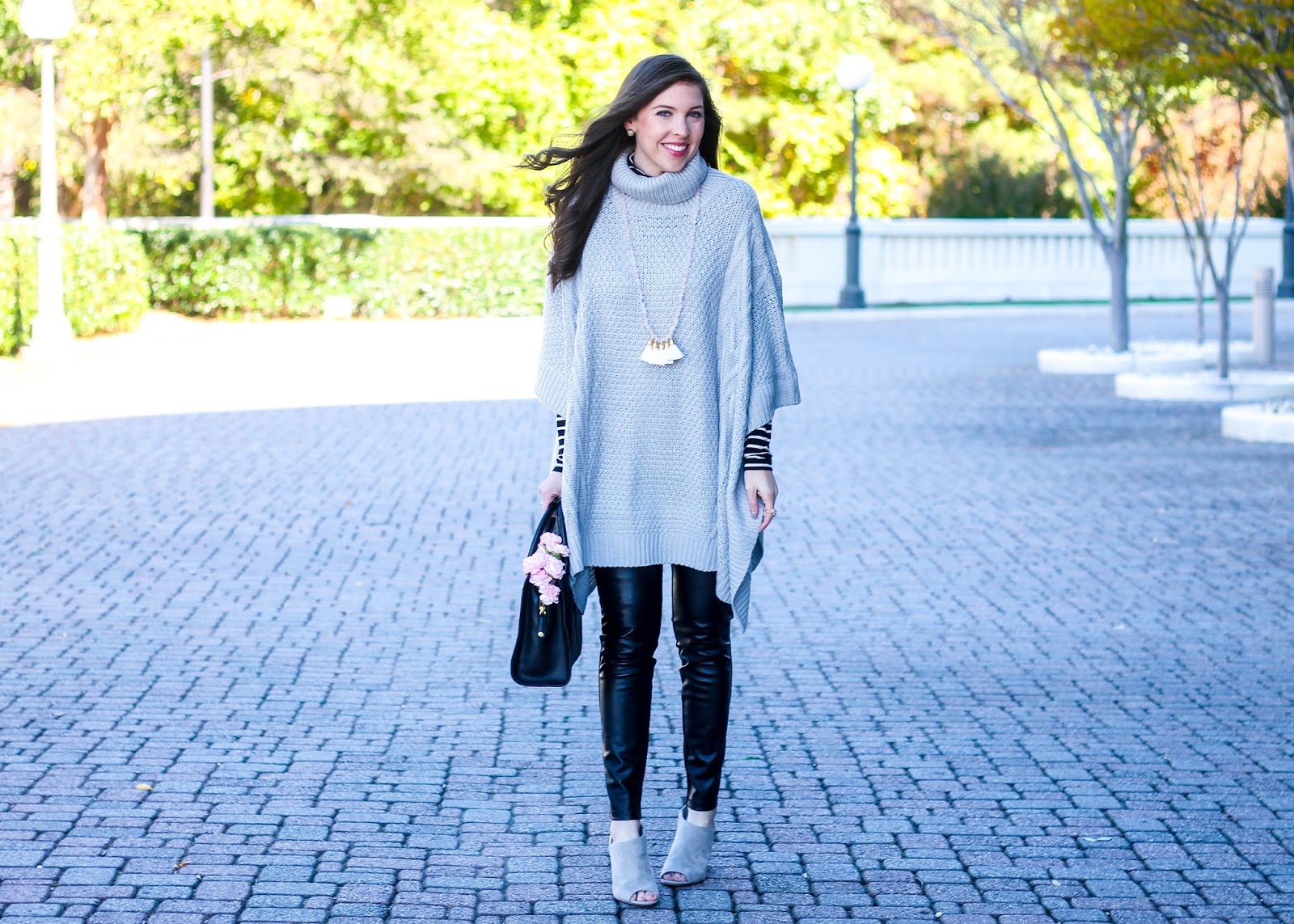 Grey Turtleneck Poncho, SheIn poncho, striped turtleneck with poncho, j crew striped turtleneck, fall outfit, fall style, fall trends, Sylvia Benson tassel necklace, Sylvia Benson jewelry, faux leather leggings, Vera Bradley quilted satchel, grey suede open toe booties, fall layers, pretty in the pines blog, pretty in the pines