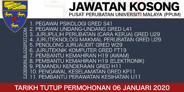 Jawatan Kosong Pusat Perubatan Universiti Malaya (PPUM) 06 Januari 2020